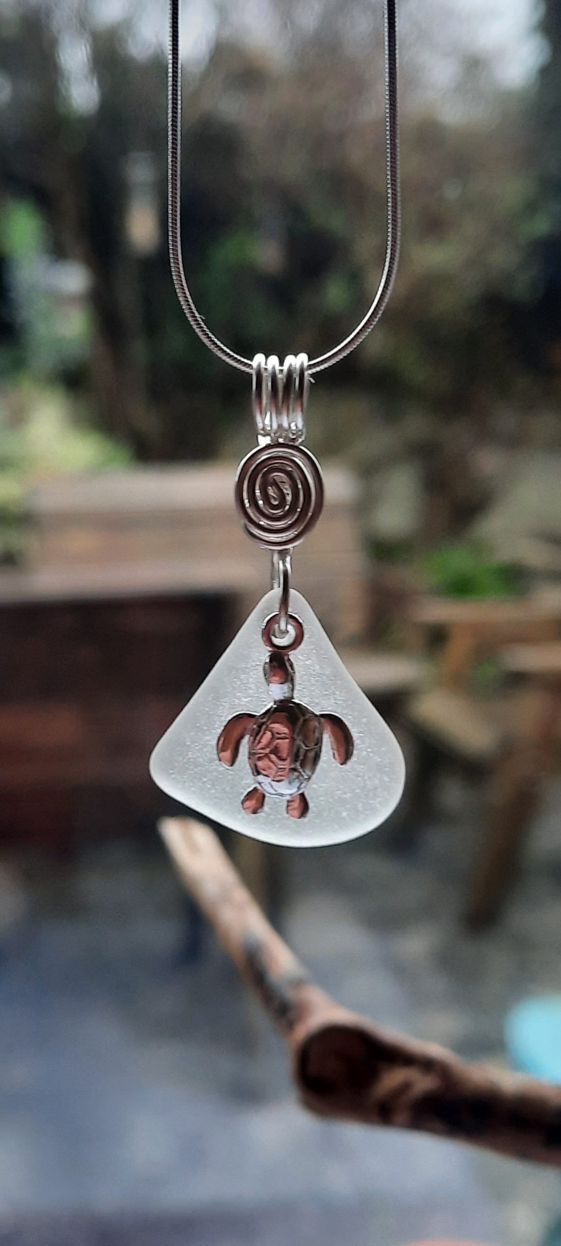 White Seaglass Pendant with Turtle Charm