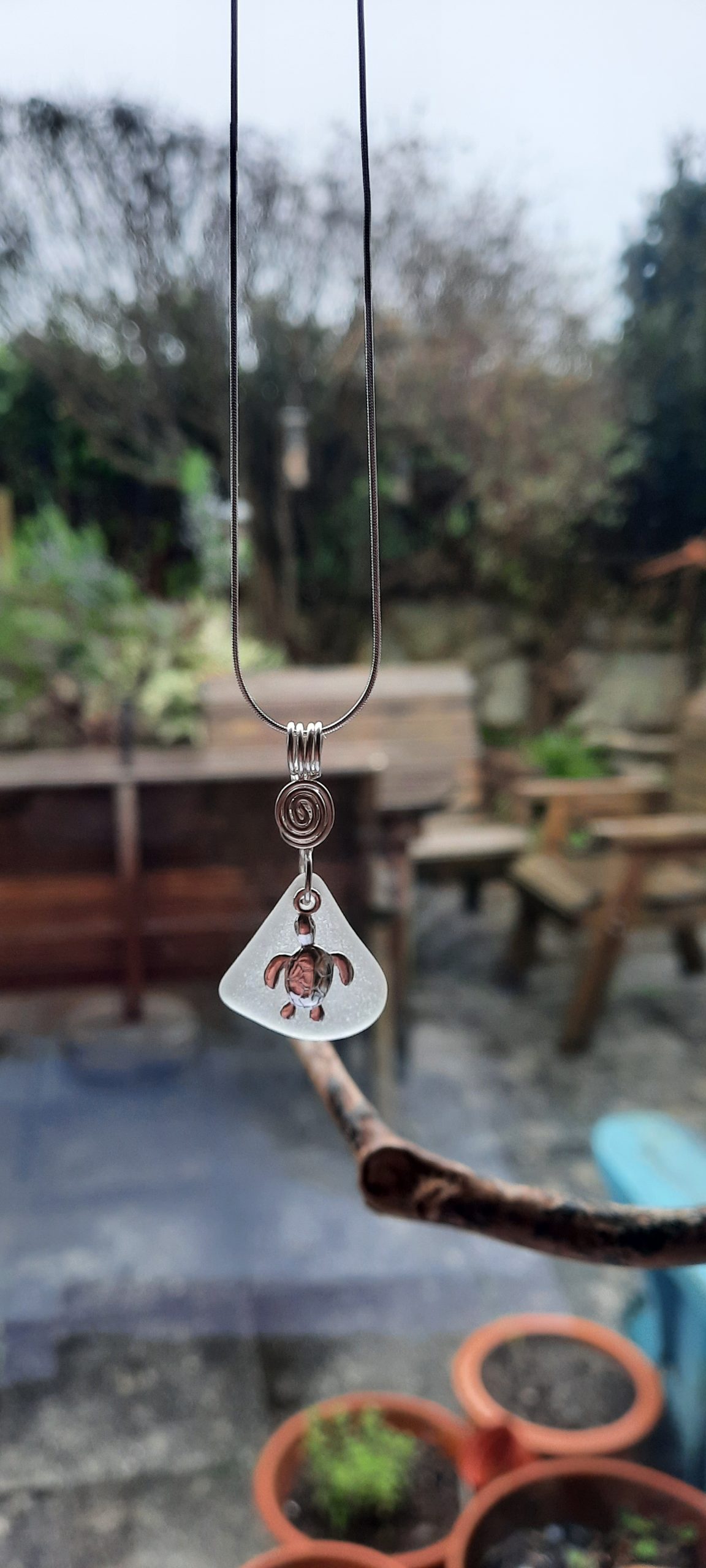 White Seaglass Pendant with Turtle Charm - Image 3