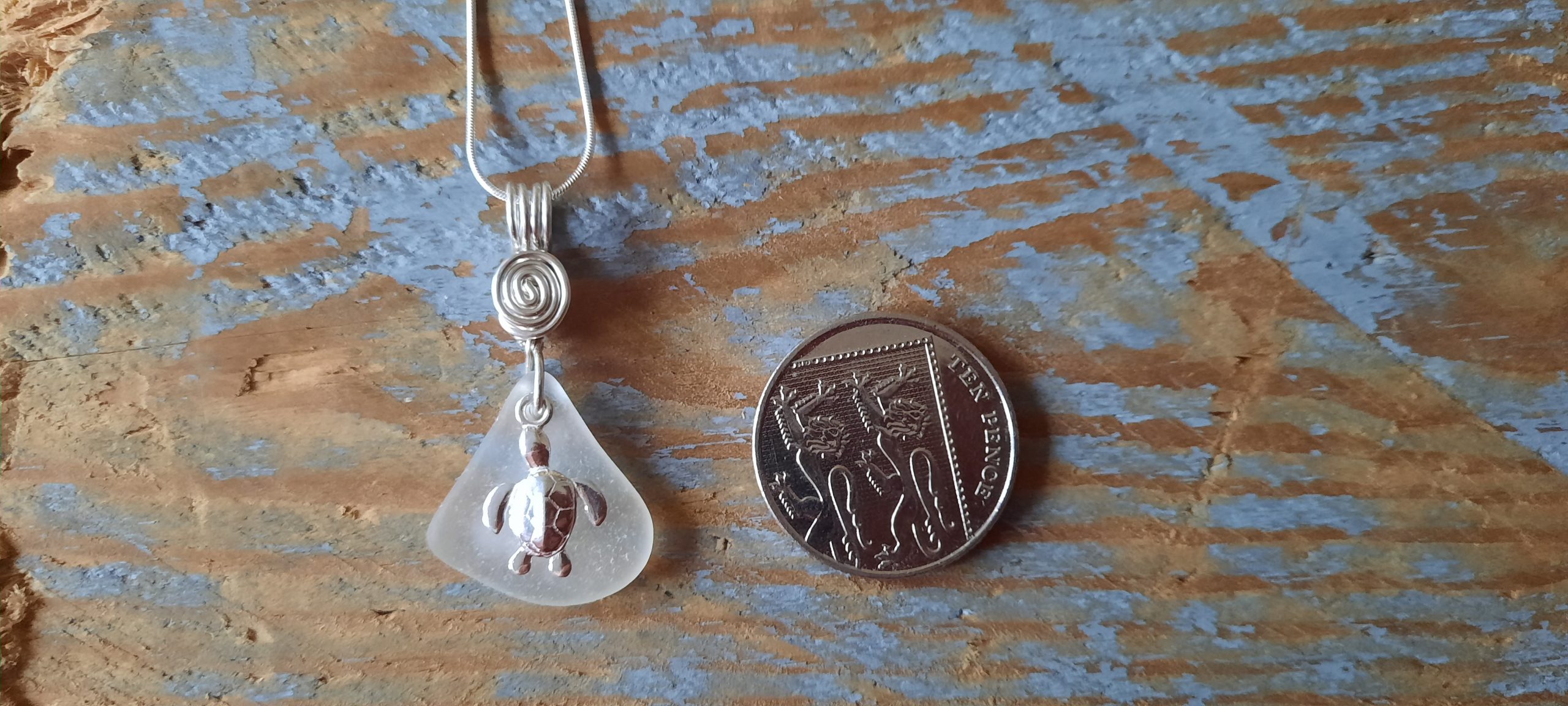 White Seaglass Pendant with Turtle Charm - Image 2