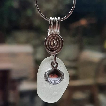 White Seaglass Pendant with Clam Shell Charm