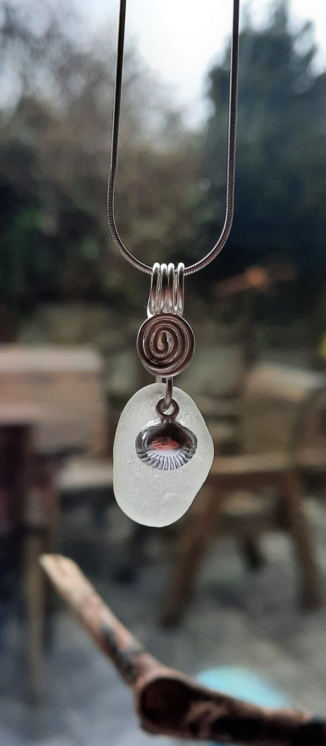 White Seaglass Pendant with Clam Shell Charm