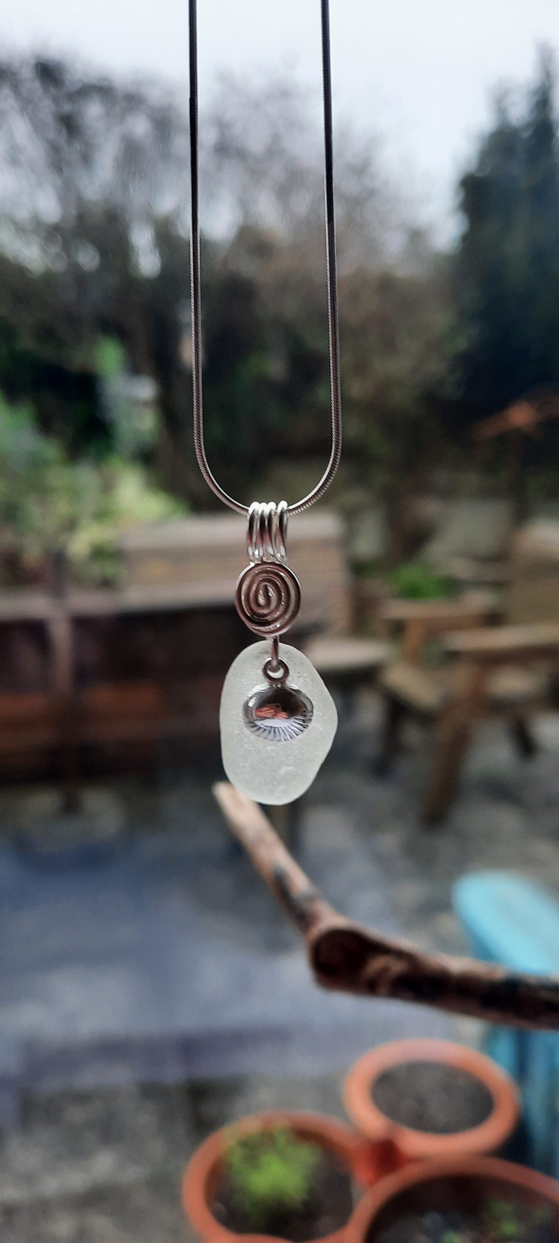 White Seaglass Pendant with Clam Shell Charm - Image 3