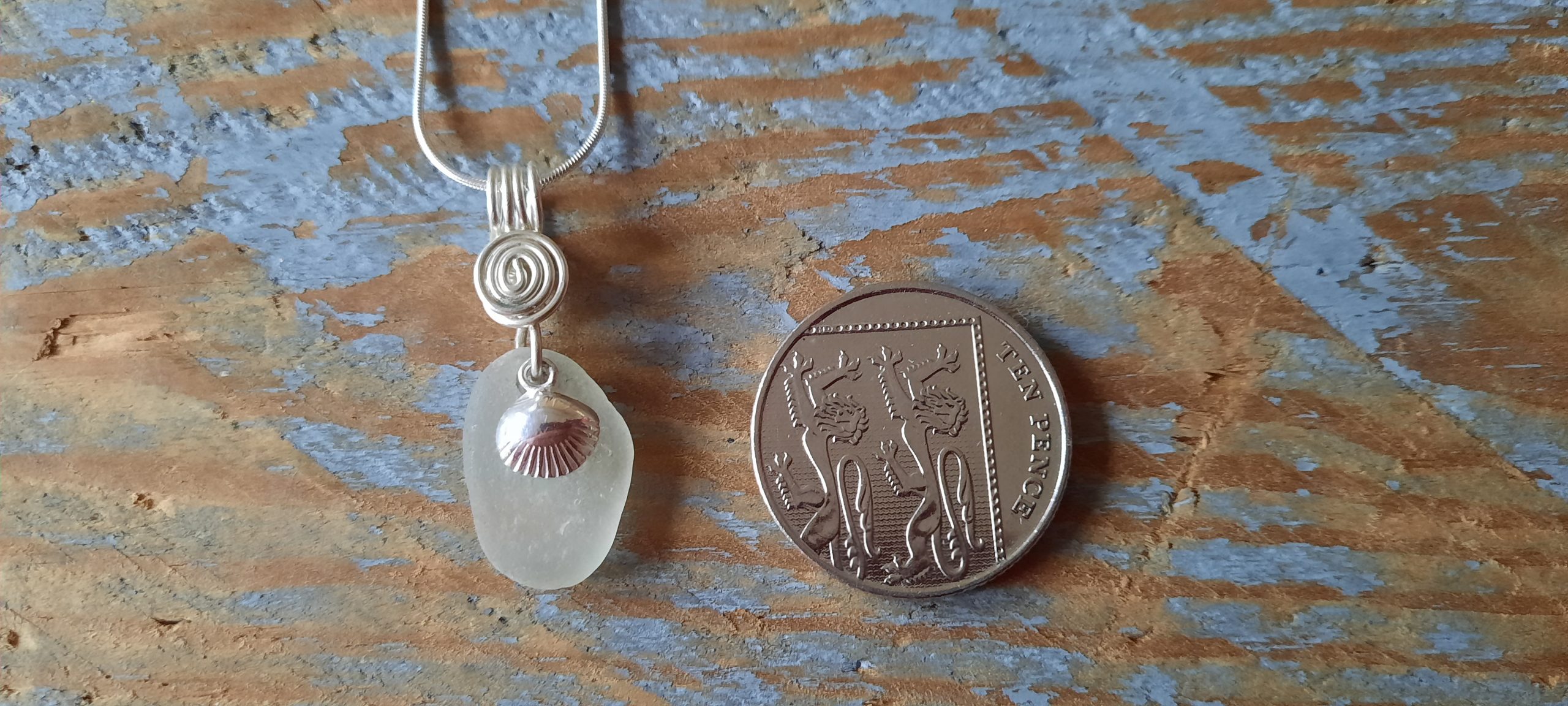 White Seaglass Pendant with Clam Shell Charm - Image 2