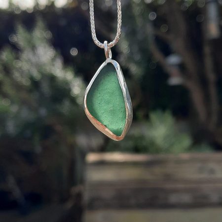 Teal Seaglass Bezel Set Pendant (rare & hallmarked)